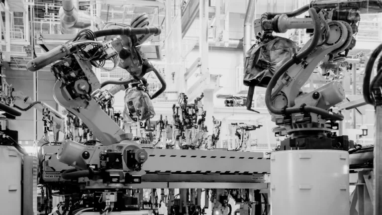 Black and white photo of servo valves being made robotically